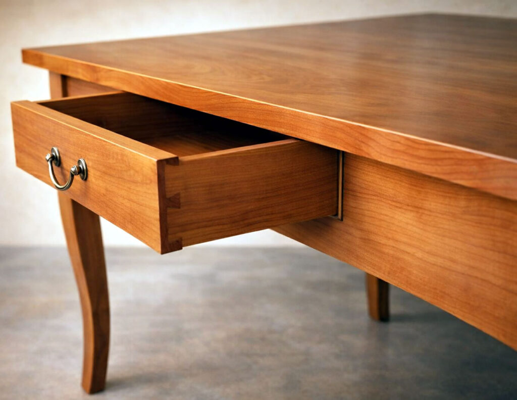 Schubladendetail eines Esszimmertisches aus Kirscbaum. Rechteckig mit Säbelbeinen, massiv und handgezinkt und gezapft
